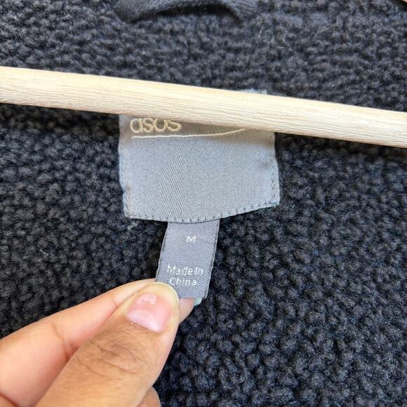 ASOS Bolongaro Trevor Borg Trim Denim Biker Jacket Size Medium Black Cotton Zip - Picture 6 of 9